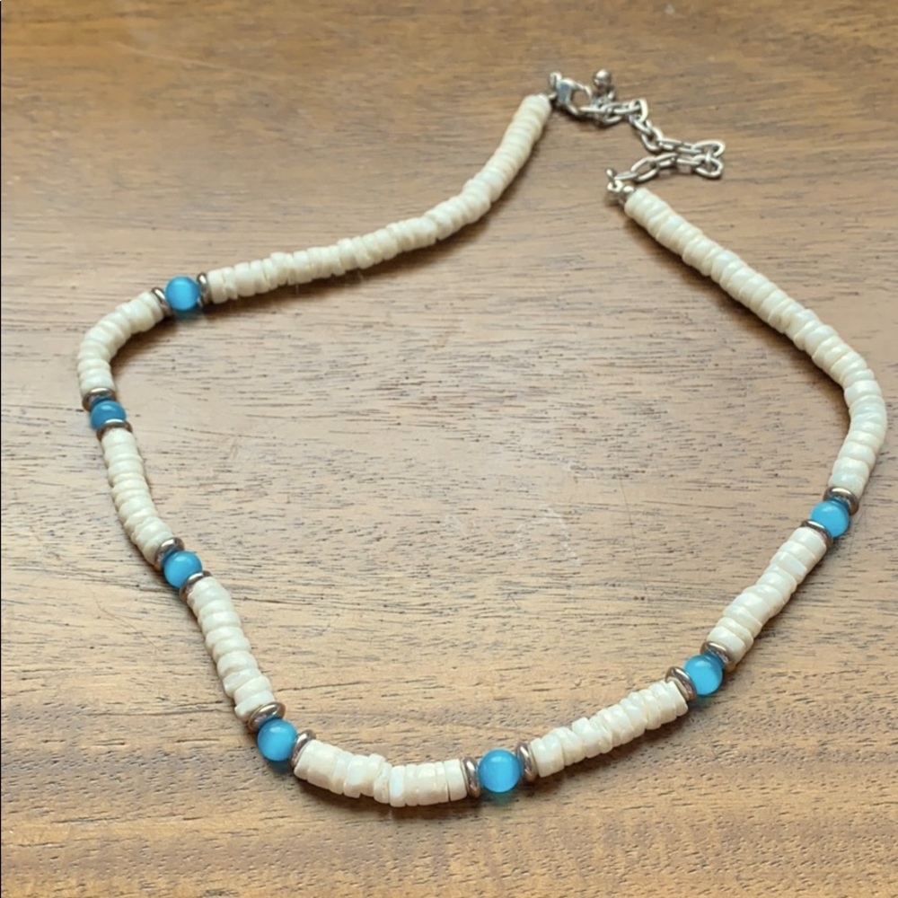 White and Blue Chipped Puka Shell Choker Necklace